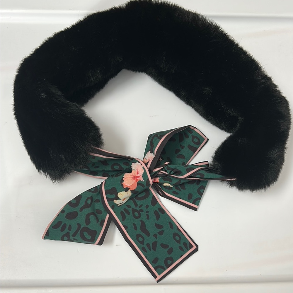 Elegant Black Faux Fur Collar with Green Patterned Bow tie strap